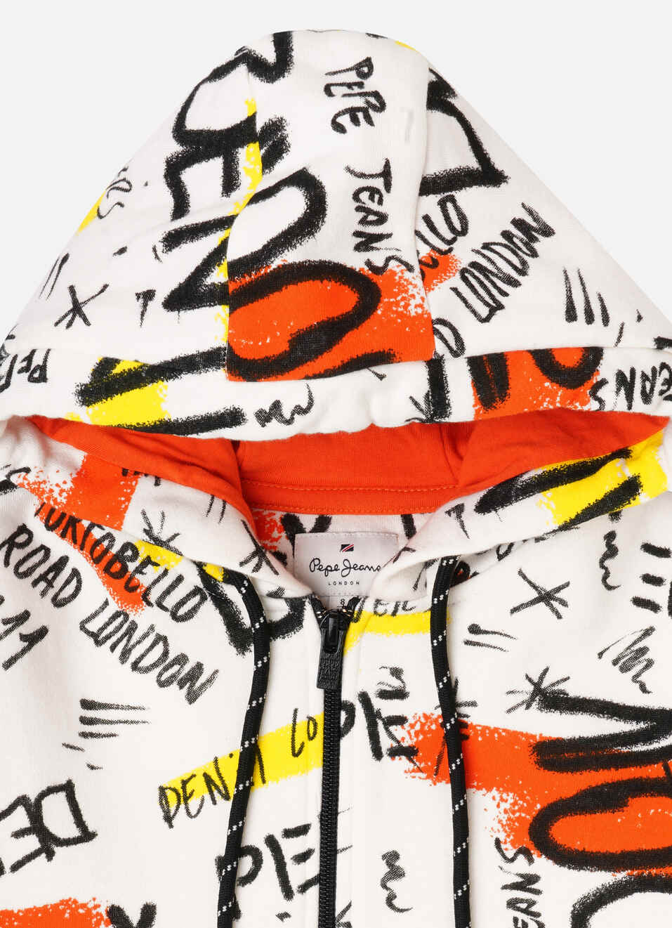 Boys White Printed Zip Thru Hooded Sweatshirt, , large image number 2