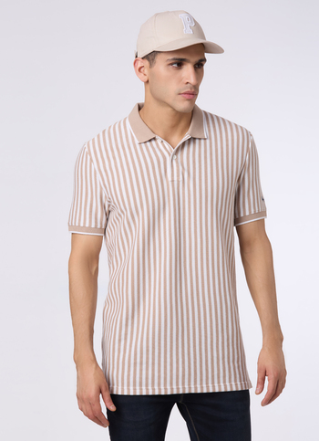Men Beige Striped Polo Collar T-shirt