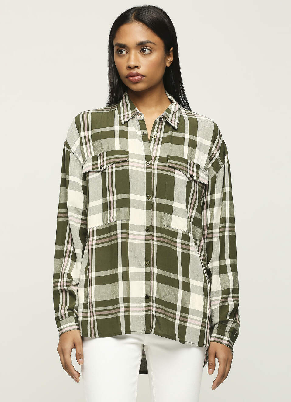 Green Checks Long Sleeve Oversized Shirt, , large image number 1