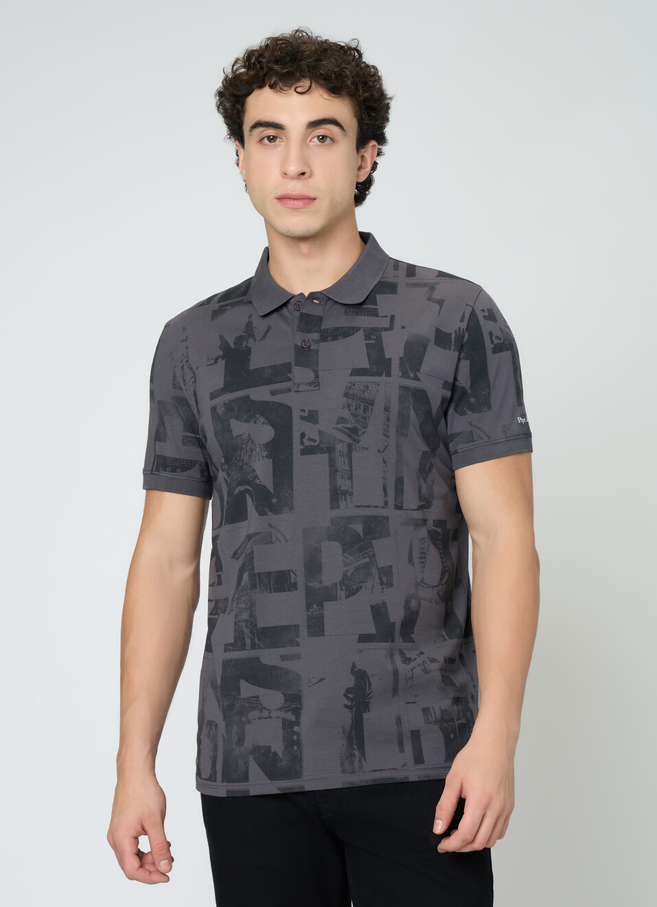 Men Grey Printed Polo Collar T-shirt, , large image number 1