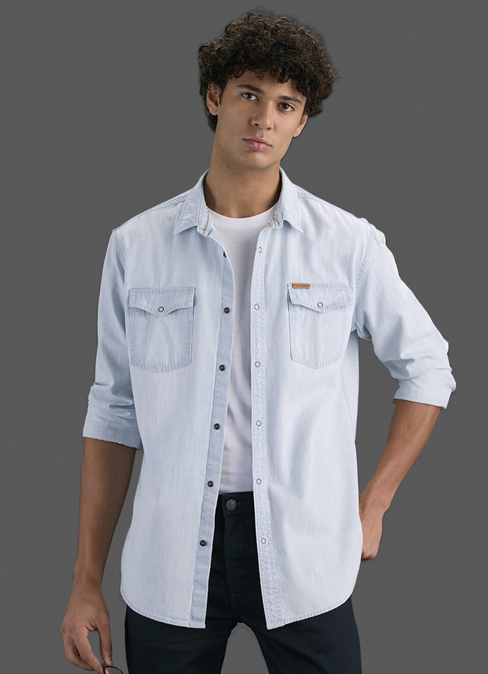 Men Light Blue Denim Long Sleeve Shirt, , large image number 0