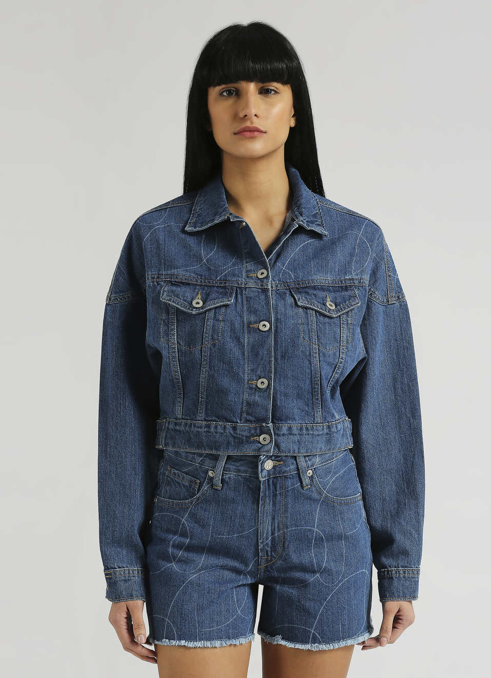 Blue Oversized Abstract Logo Print Long Sleeve Denim Jacket, , large image number 1