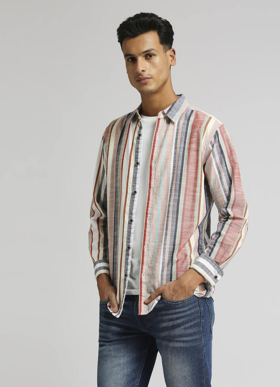 Peach Yarn Dyed Dobby Stripes Long Sleeve Shirt, , large image number 0
