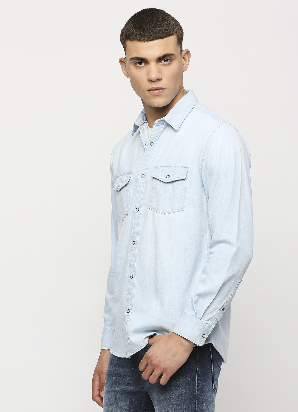 Ice Blue Double Pocket Long Sleeve Denim Shirt, , large image number 3