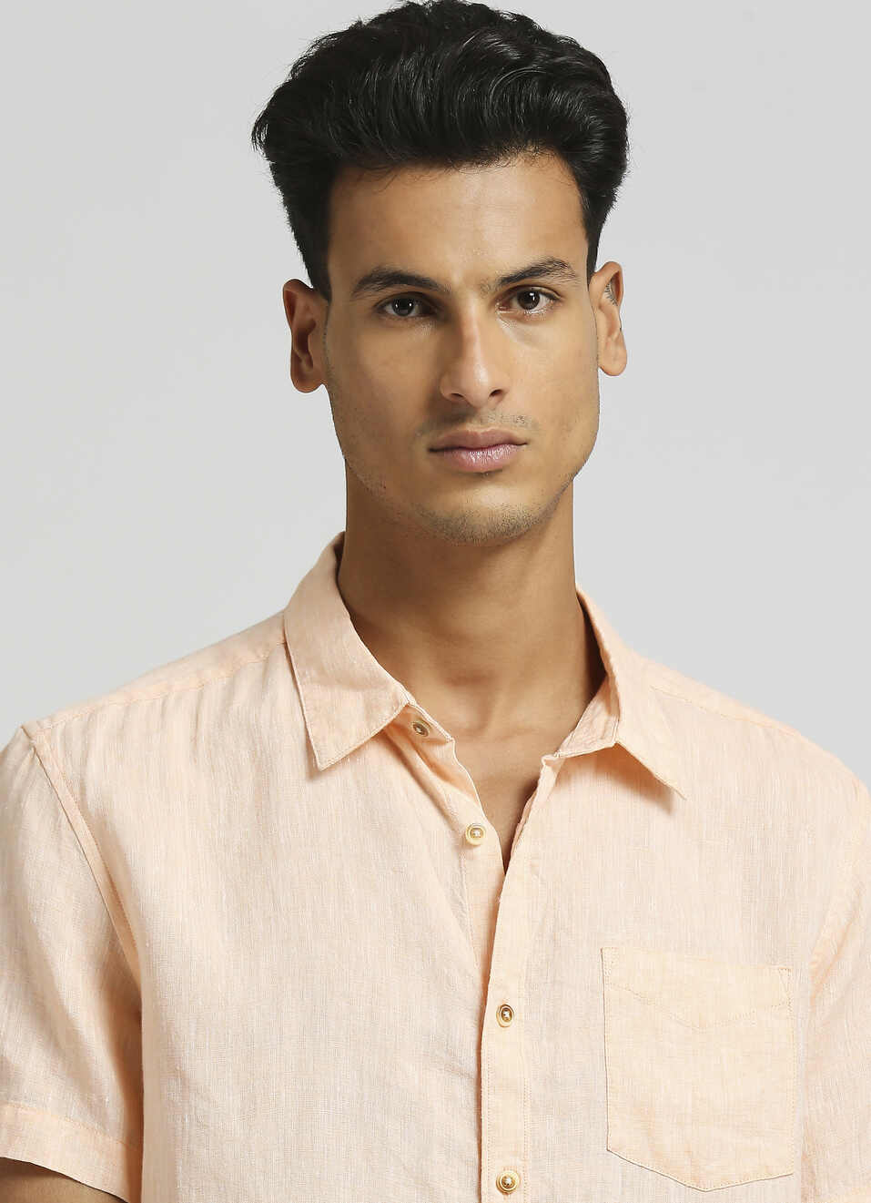Peach Solid Single Pocket Chambray Linen Short Sleeve Shirt, , large image number 4