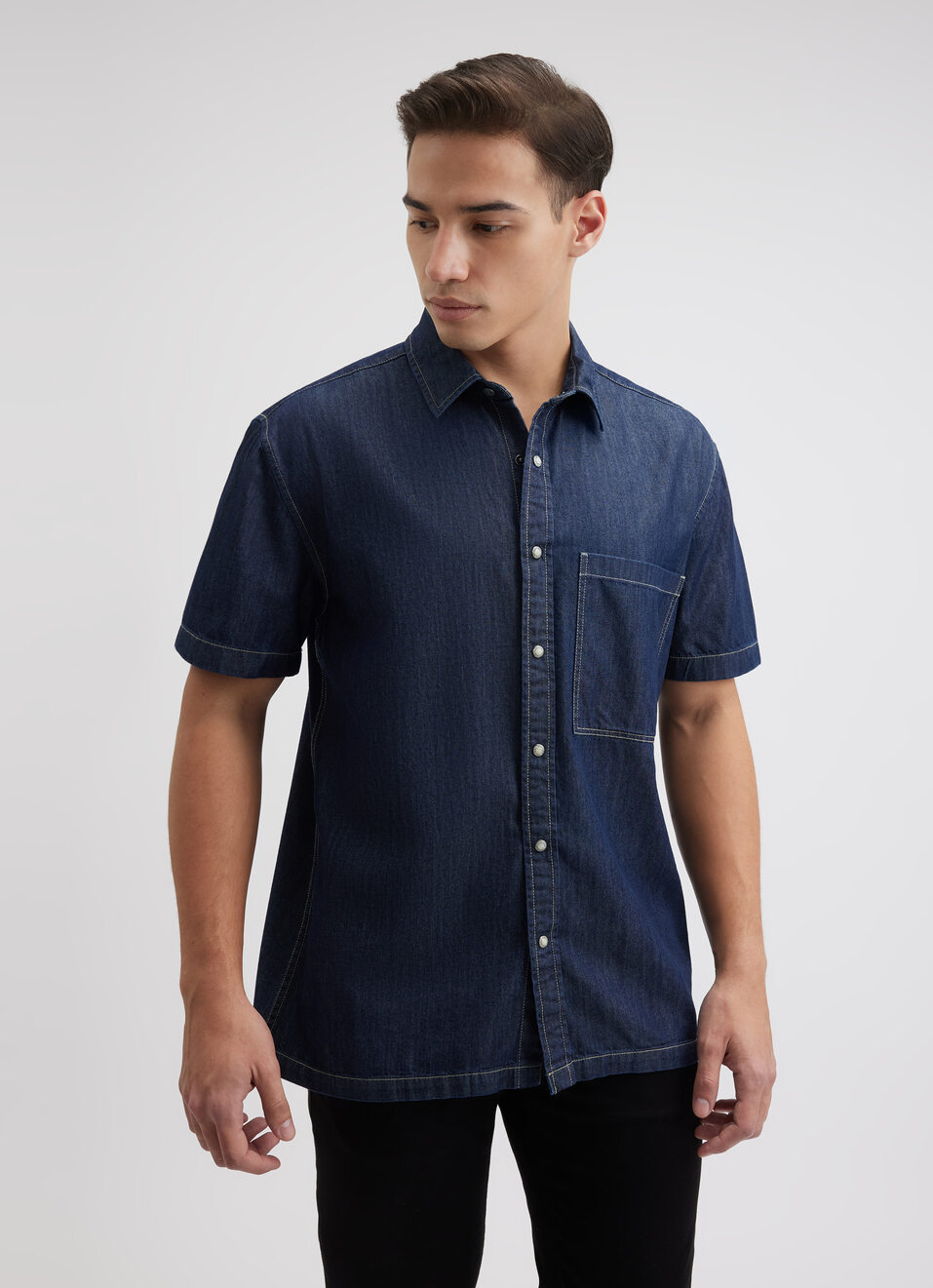 Men Blue Short Sleeve Oversized Denim Shirt, , large image number 1