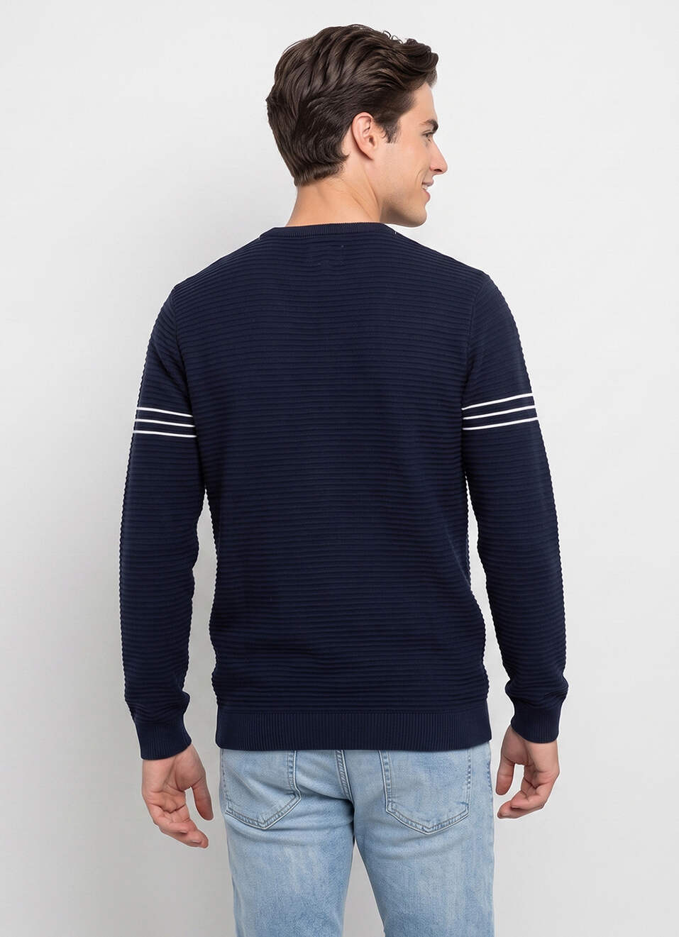 Men Blue Striped Full Sleeve Flat Knit Sweater, , large image number 2