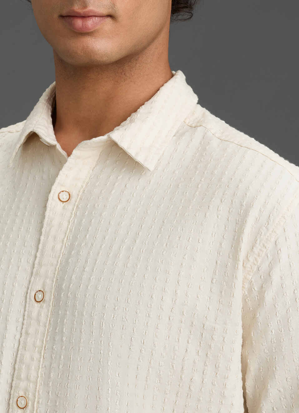 Men Beige Self Textured Regular Fit Short Sleeve Casual Shirt, , large image number 1