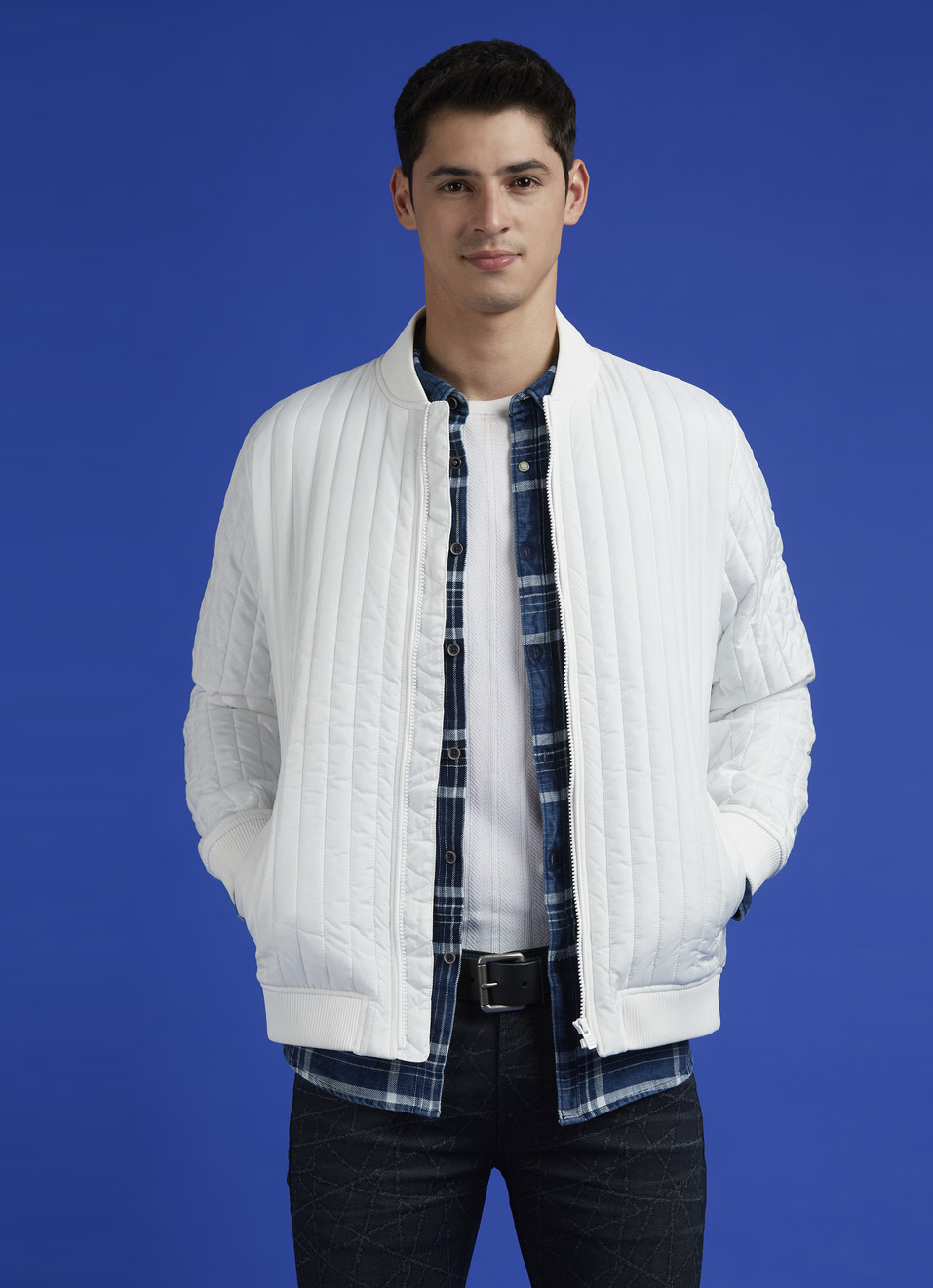 White Embroidered Full Sleeve Quilted Bomber Jacket, , large image number 0