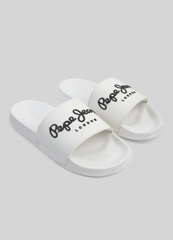 White Lightweight Beach Slides With Logo Print