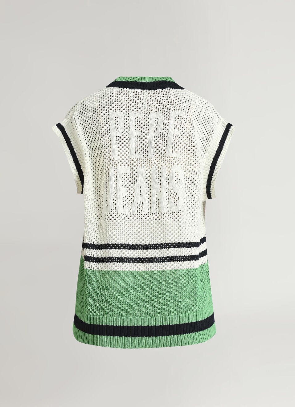 Green Oversized Self-Design Sleeveless Knitted Varsity Vest, , large image number 7