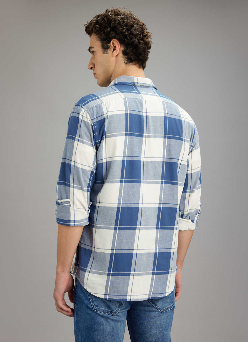 Men Blue Check Long Sleeve Shirt, , large image number 6