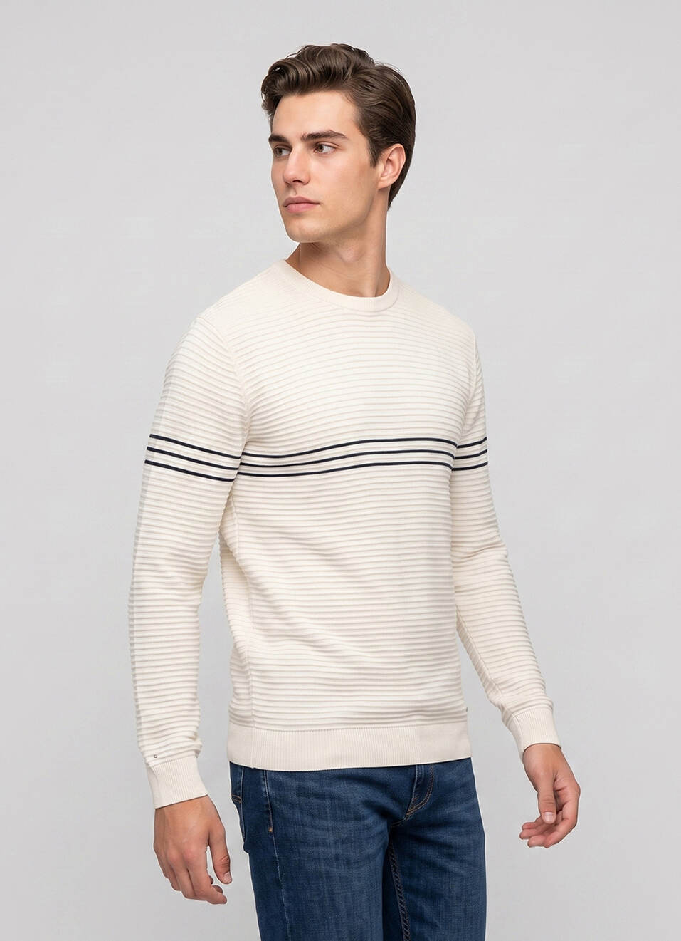 Men White Striped Full Sleeve Flat Knit Sweater, , large image number 1