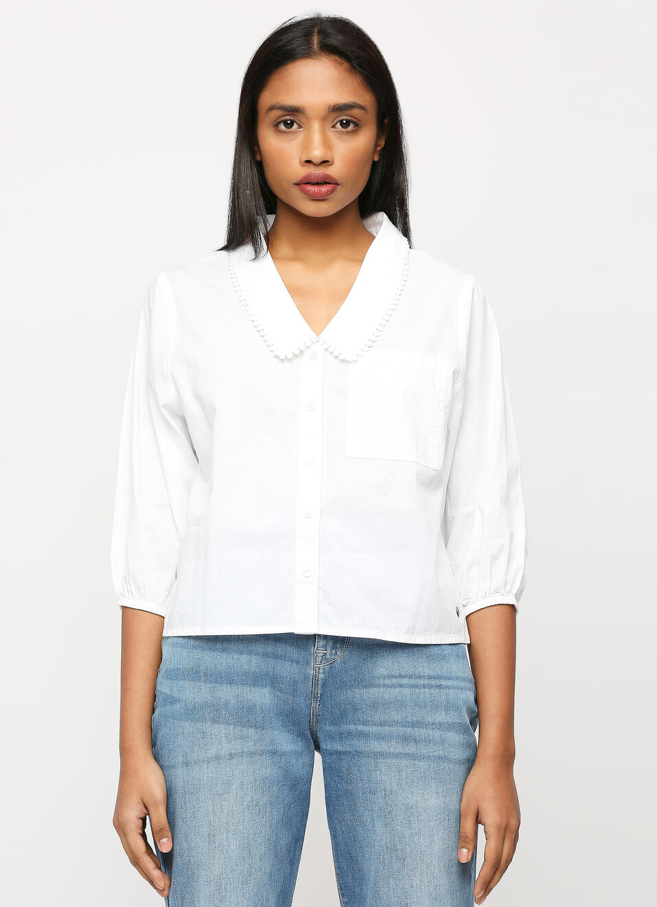 White Chelsea Collar Puff Sleeve Shirt, , large image number 1