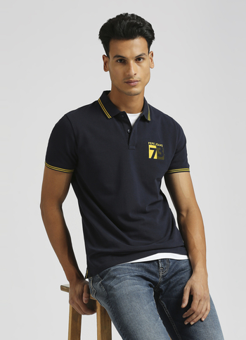 Navy Flock Print Contrast Tipping Detail Polo