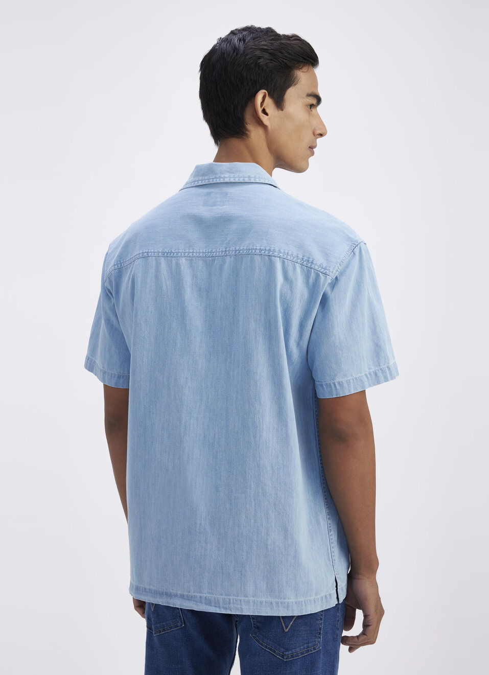 Men Blue Resort Collar Short Sleeve Denim Shirt, , large image number 2