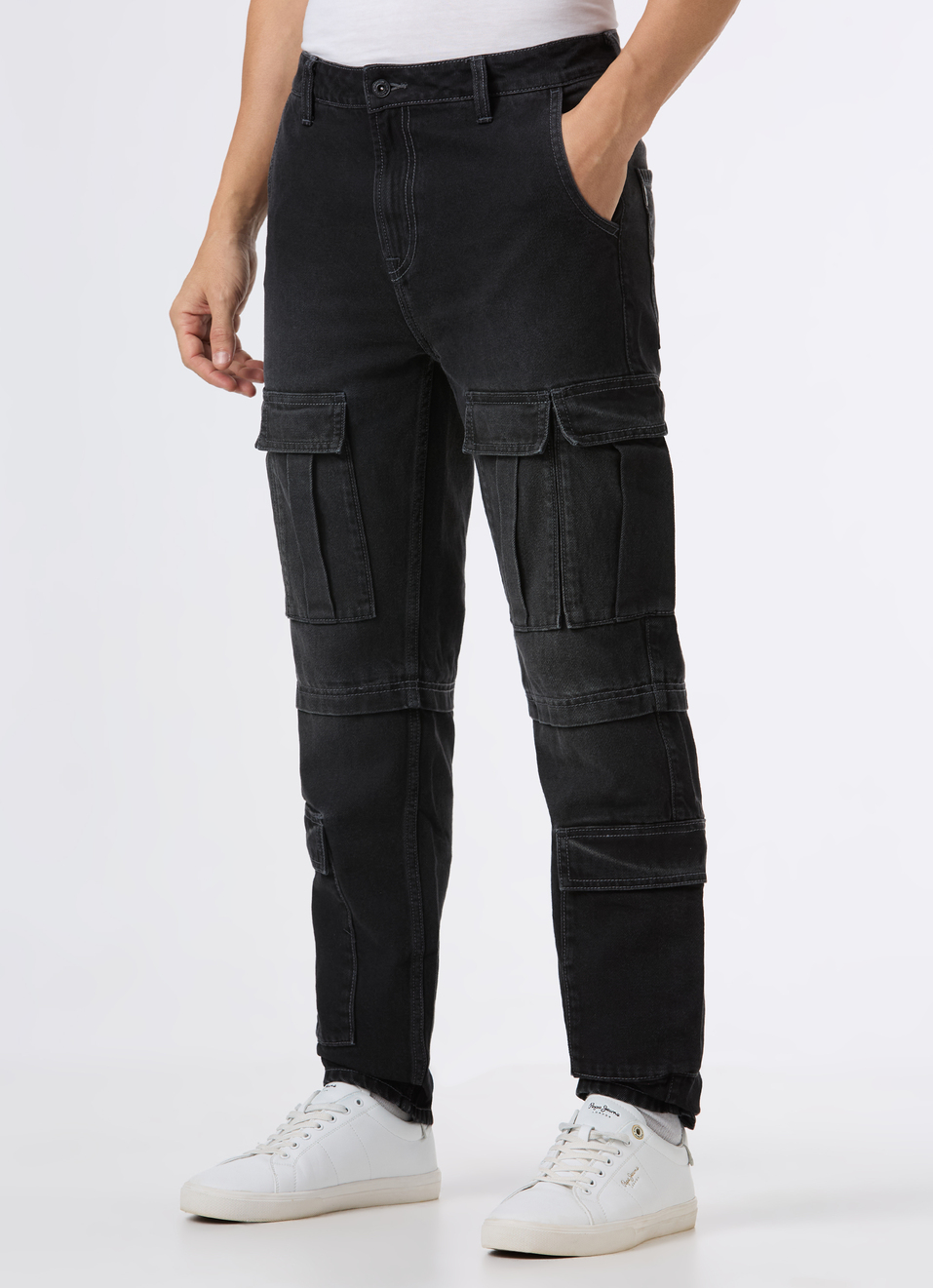 Men Black Mid Rise Multi-pocket Cargo Jeans, , large image number 3