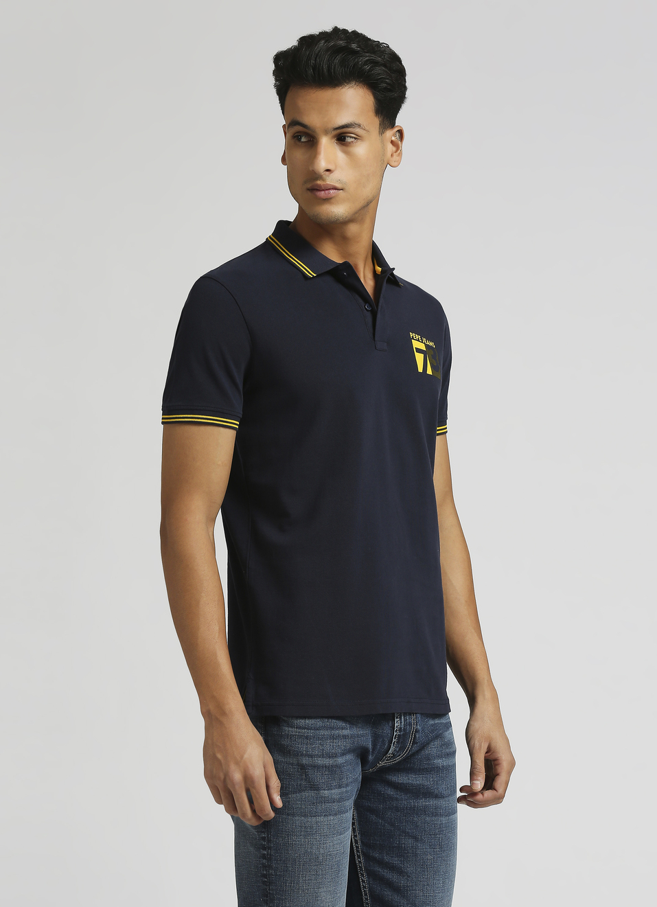 Navy Flock Print Contrast Tipping Detail Polo, , large image number 3