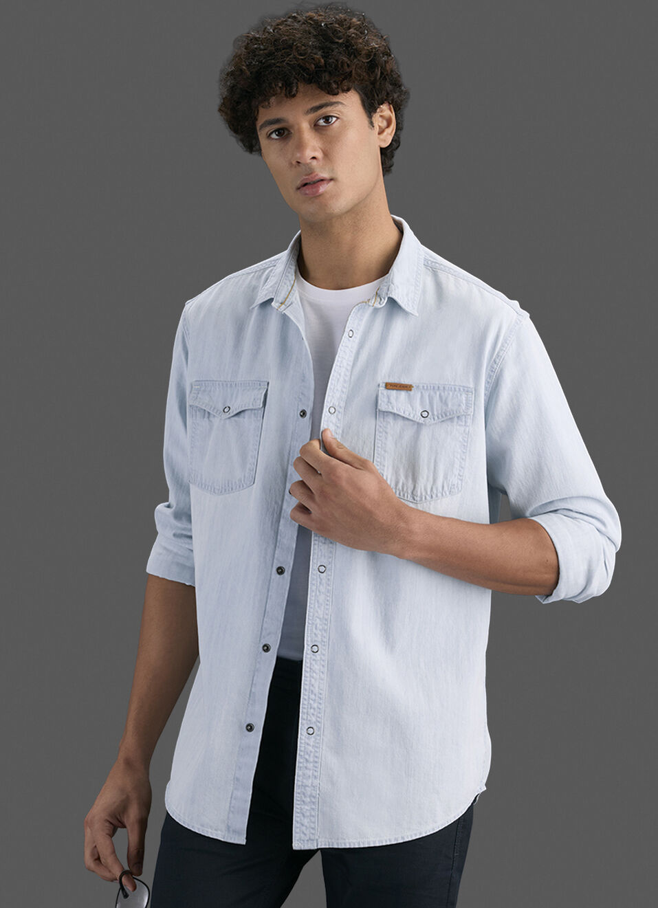 Men Light Blue Denim Long Sleeve Shirt, , large image number 5