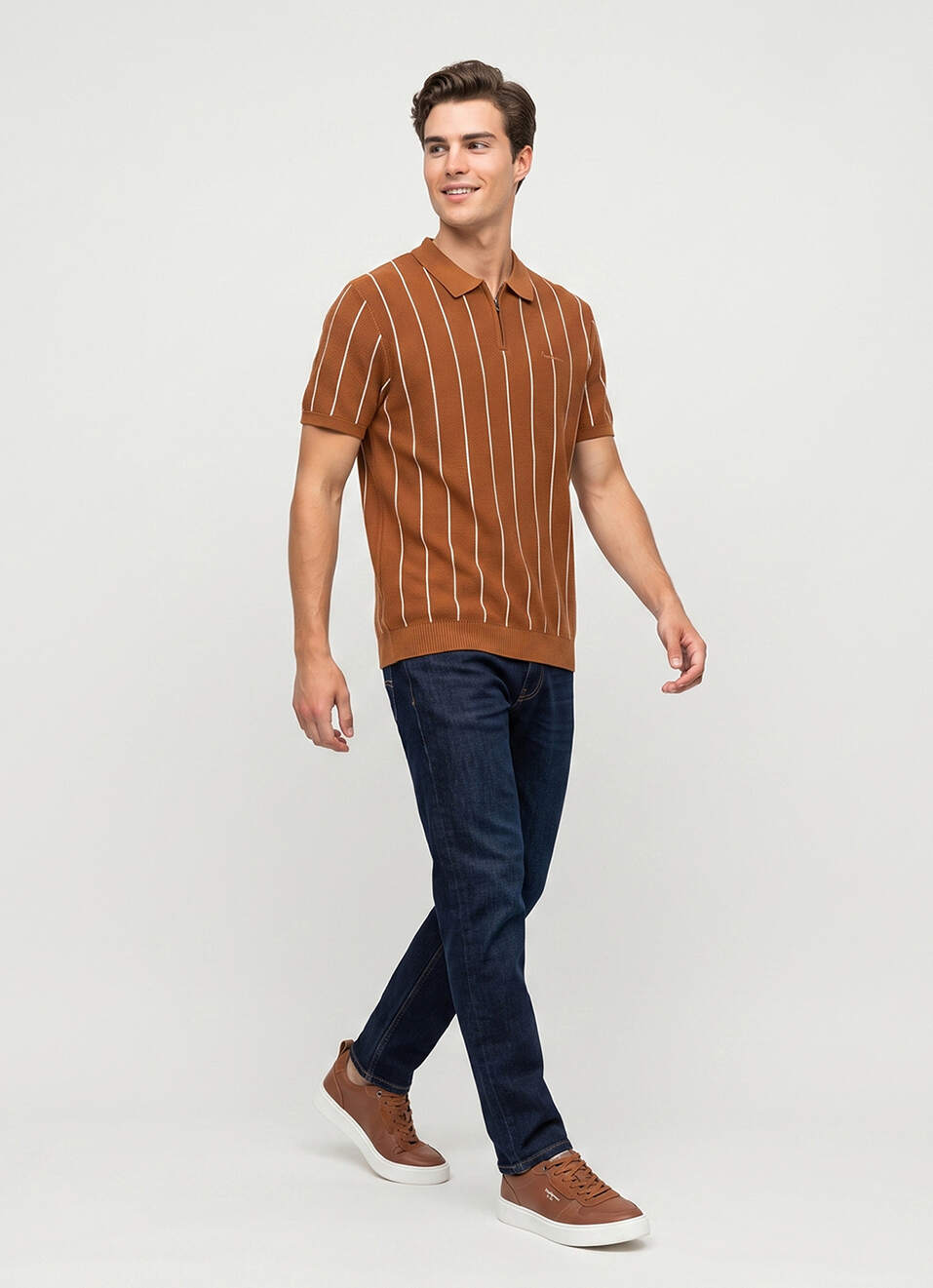 Men Orange Striped Flat Knit Polo Collar T-shirt, , large image number 5