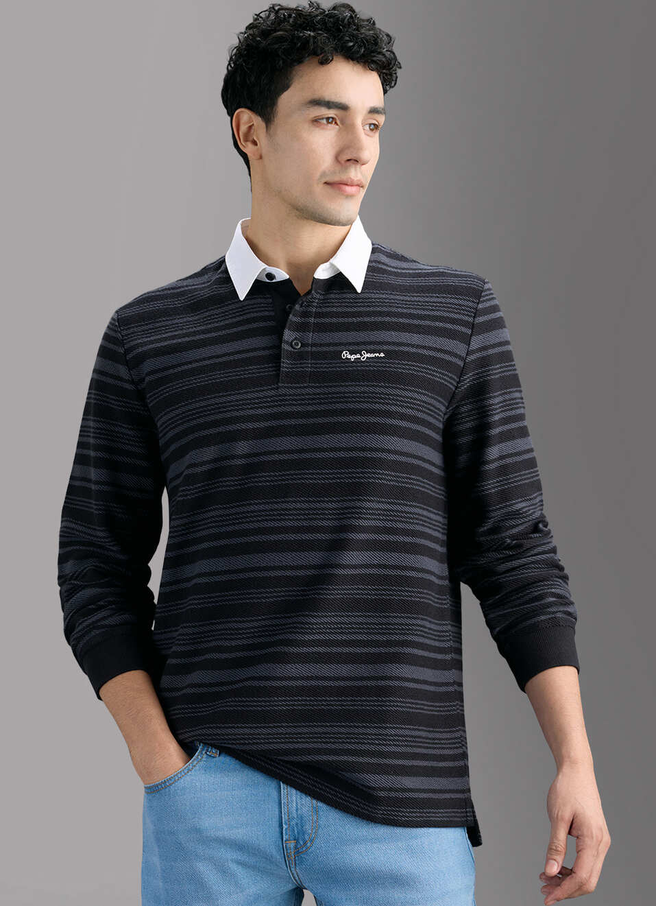 Men Black Striped Rugby Polo T-shirt, , large image number 5