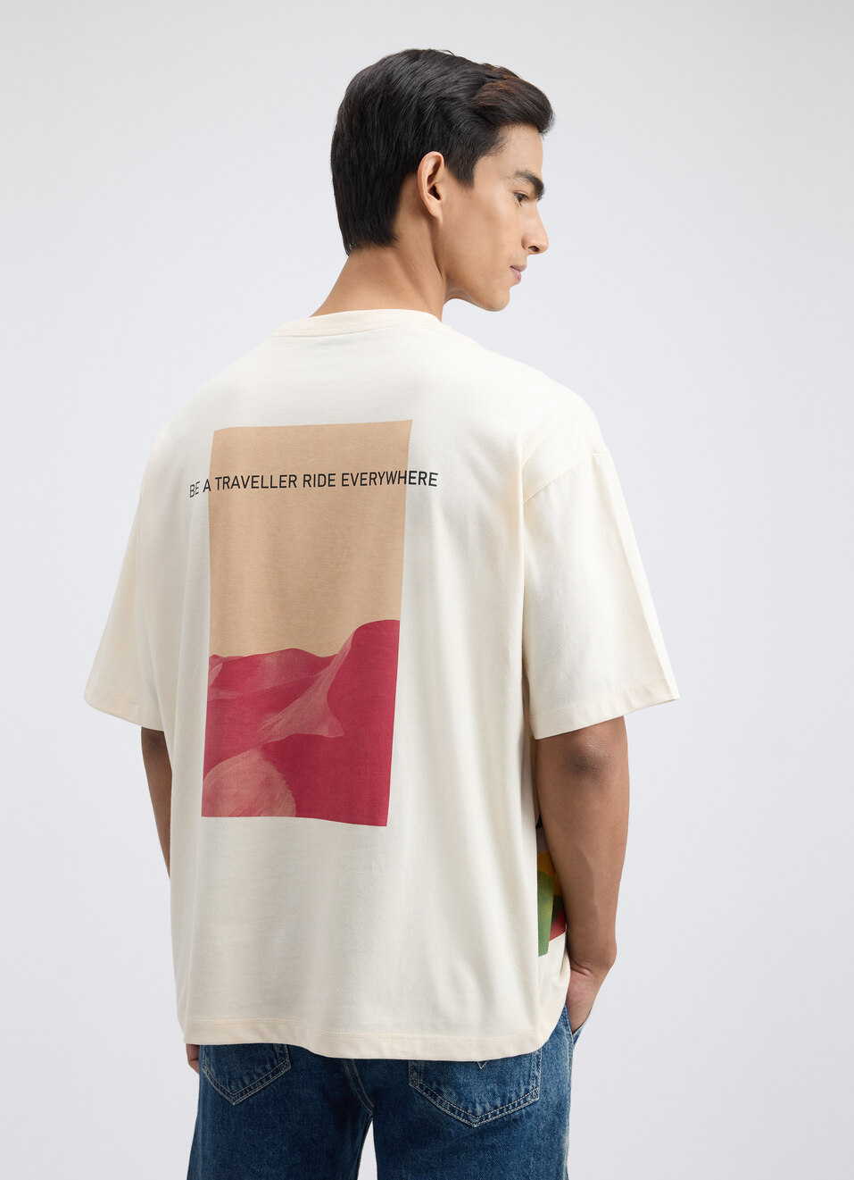 Men White Back Print Short Sleeve Oversized T-shirt, , large image number 2