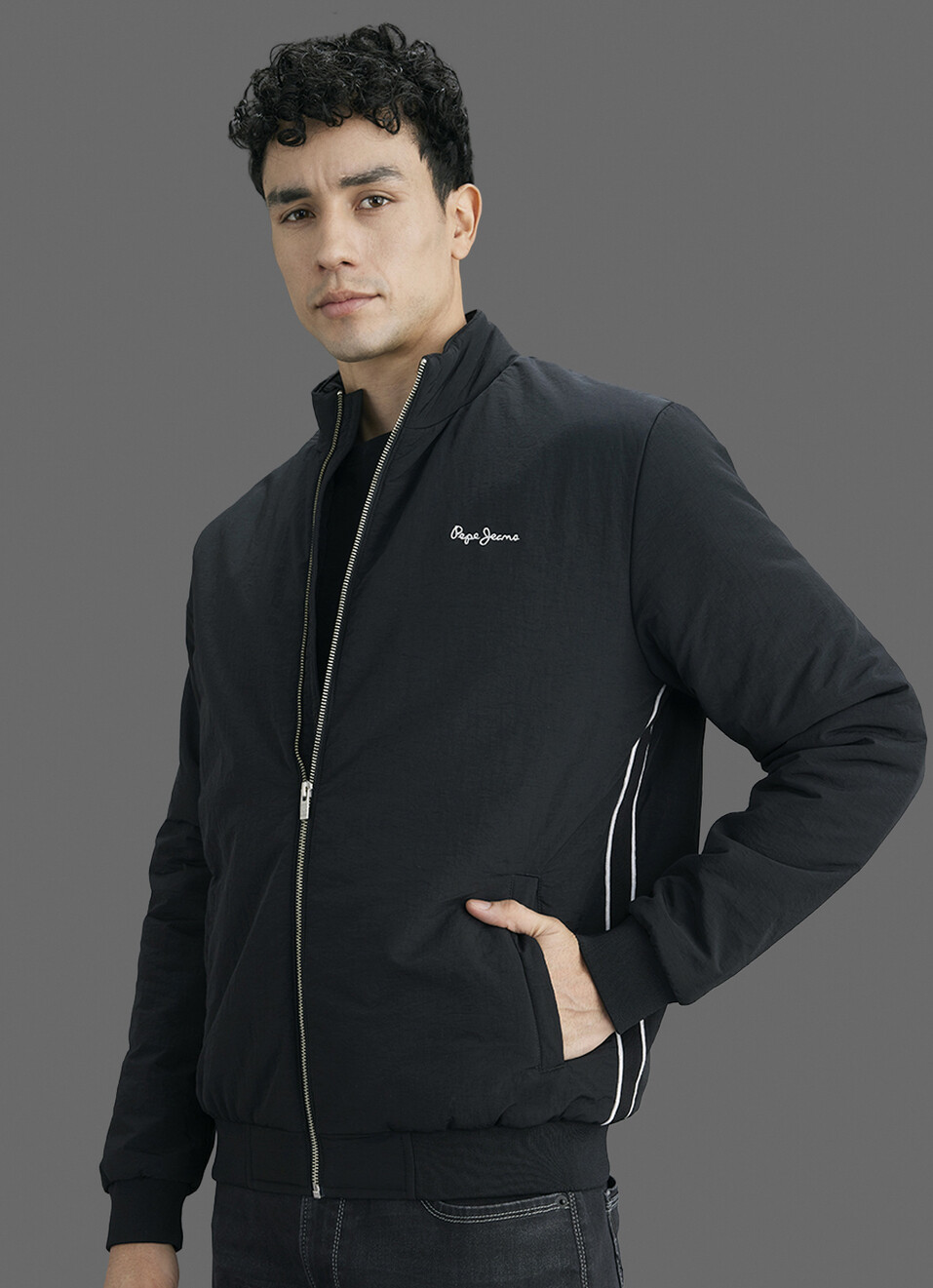 Men Black Solid High Neck Long Sleeve Jacket, , large image number 7