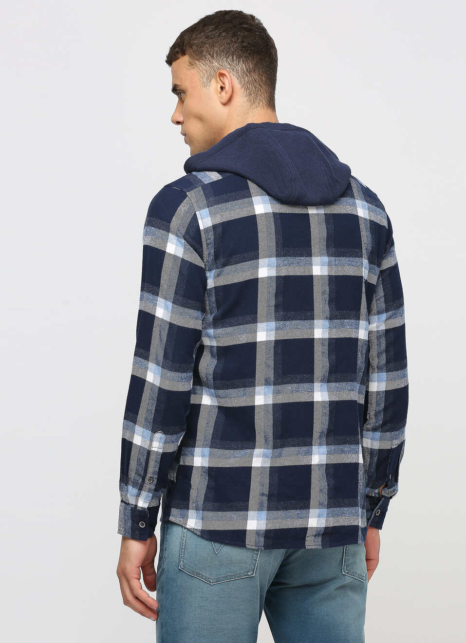 Navy Checks Long Sleeve Hooded Shirt, , large image number 2