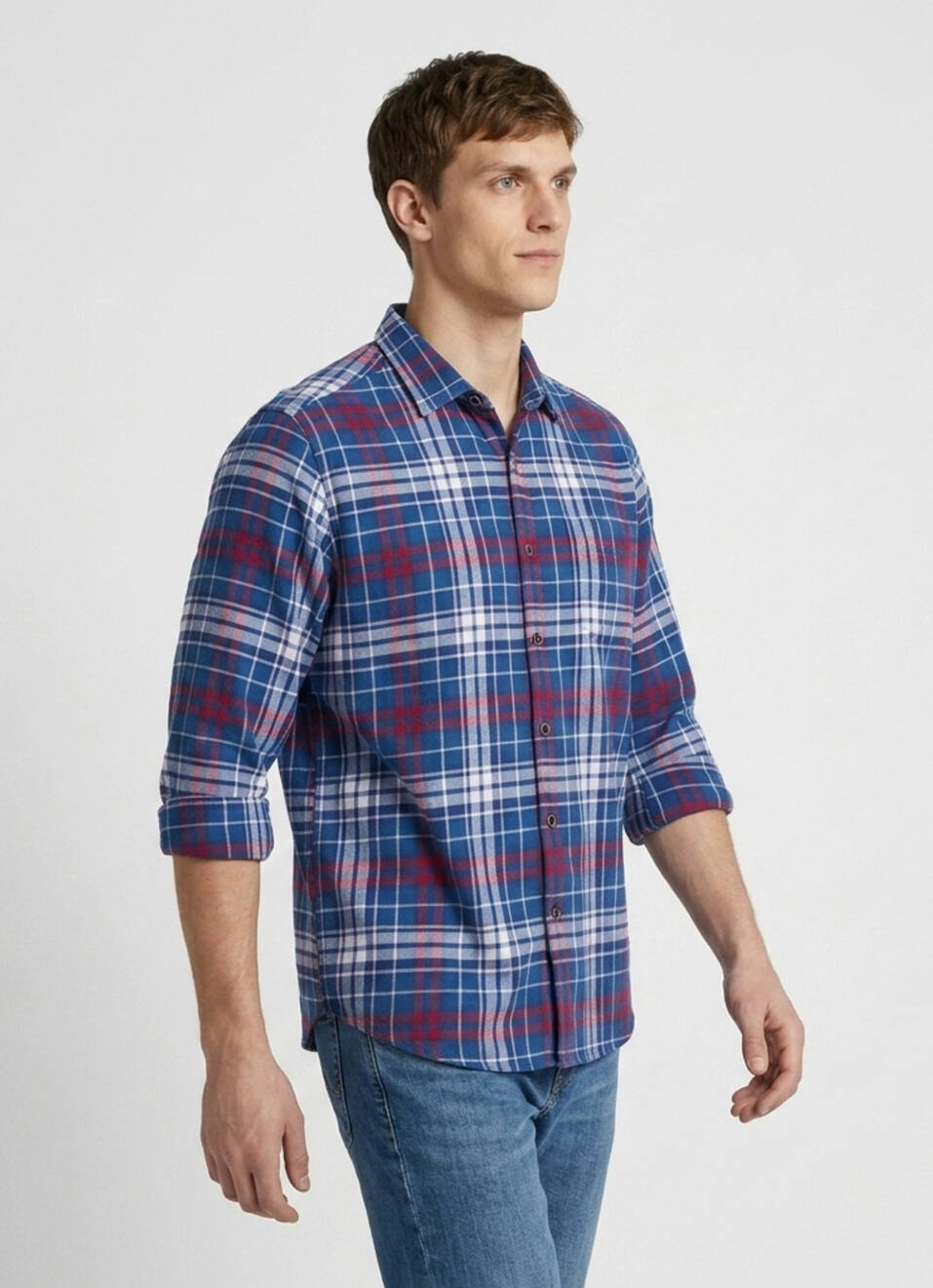 Men Blue Checked Brushed Long Sleeve Shirt, , large image number 3