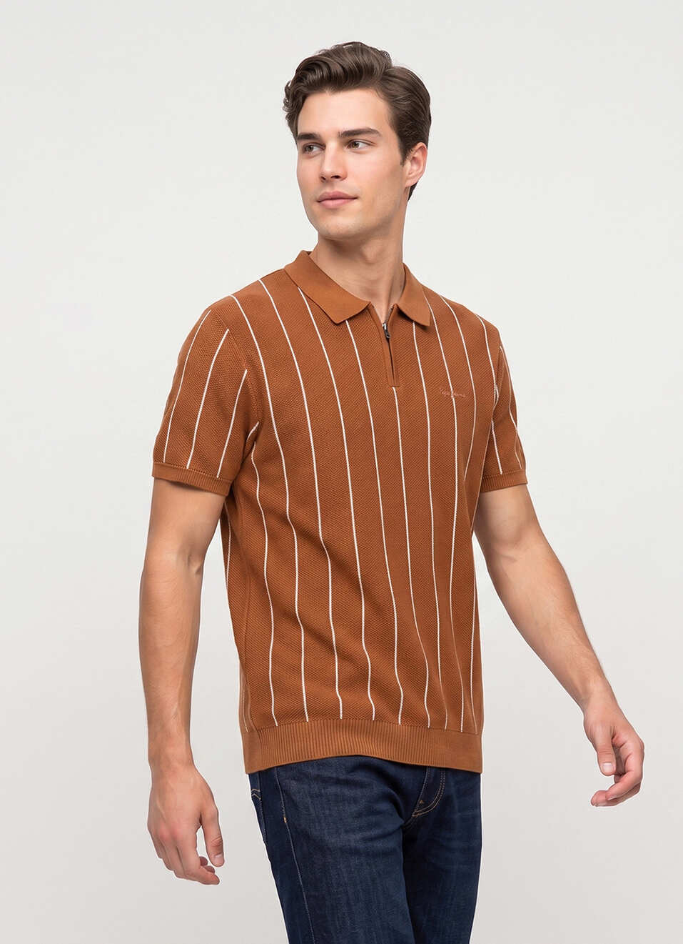 Men Orange Striped Flat Knit Polo Collar T-shirt, , large image number 3