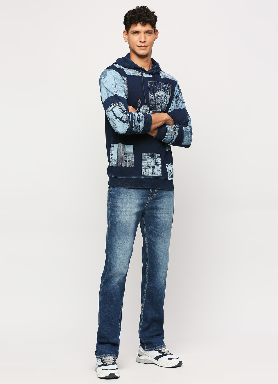 Indigo Graphic Printed Hooded Sweatshirt, , large image number 5