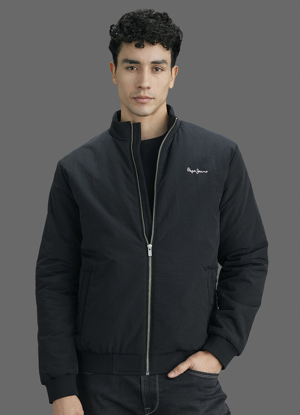 Men Black Solid High Neck Long Sleeve Jacket, , large image number 5