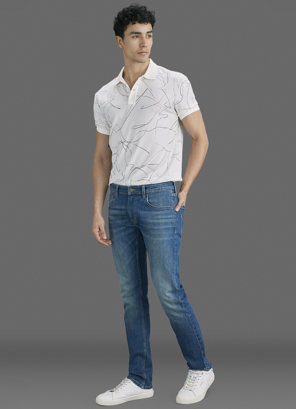 Men Off White Printed Polo Collar T-shirt, , large image number 2