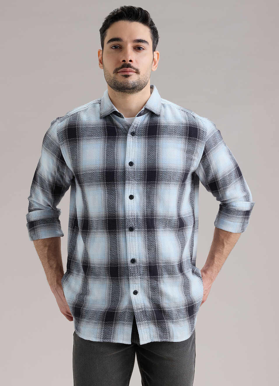 Men White Checked Dobby Long Sleeve Shirt, , large image number 1