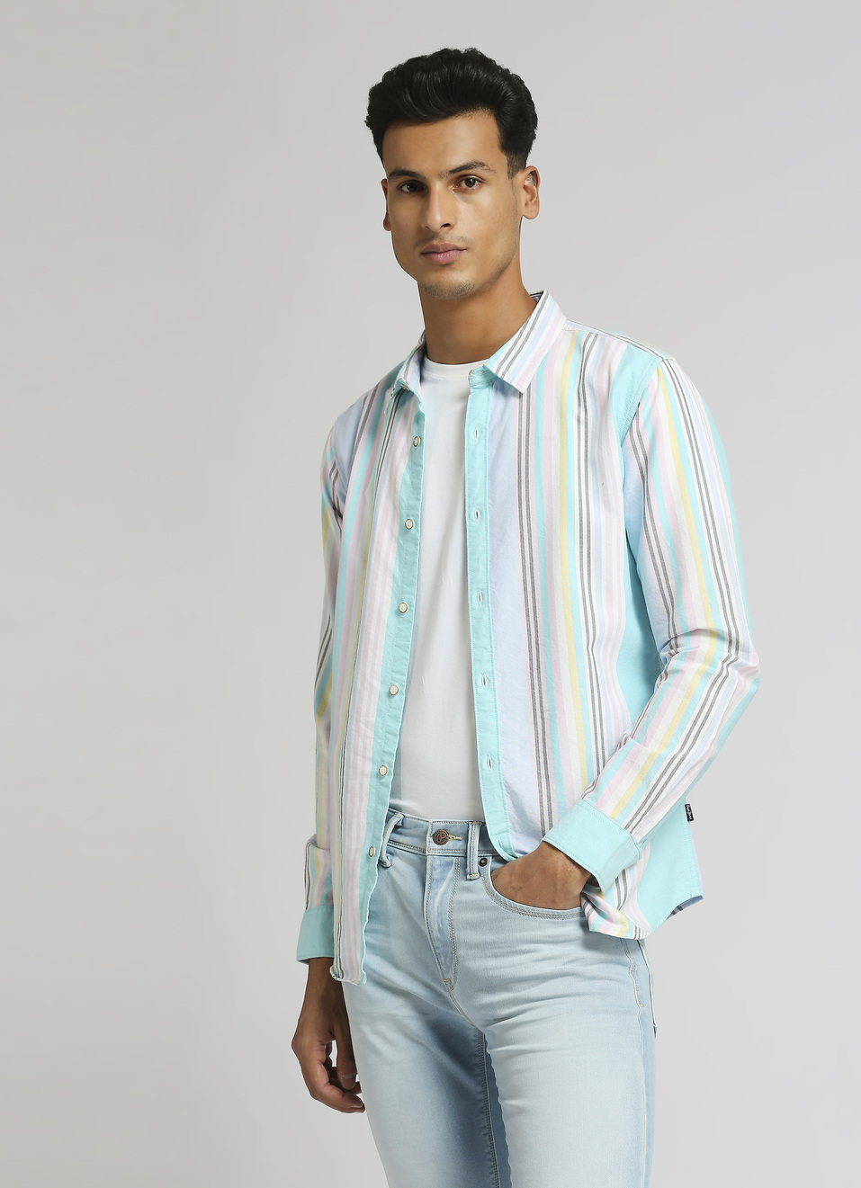 Aqua Stripes Trendy Summer Long Sleeve Shirt, , large image number 0