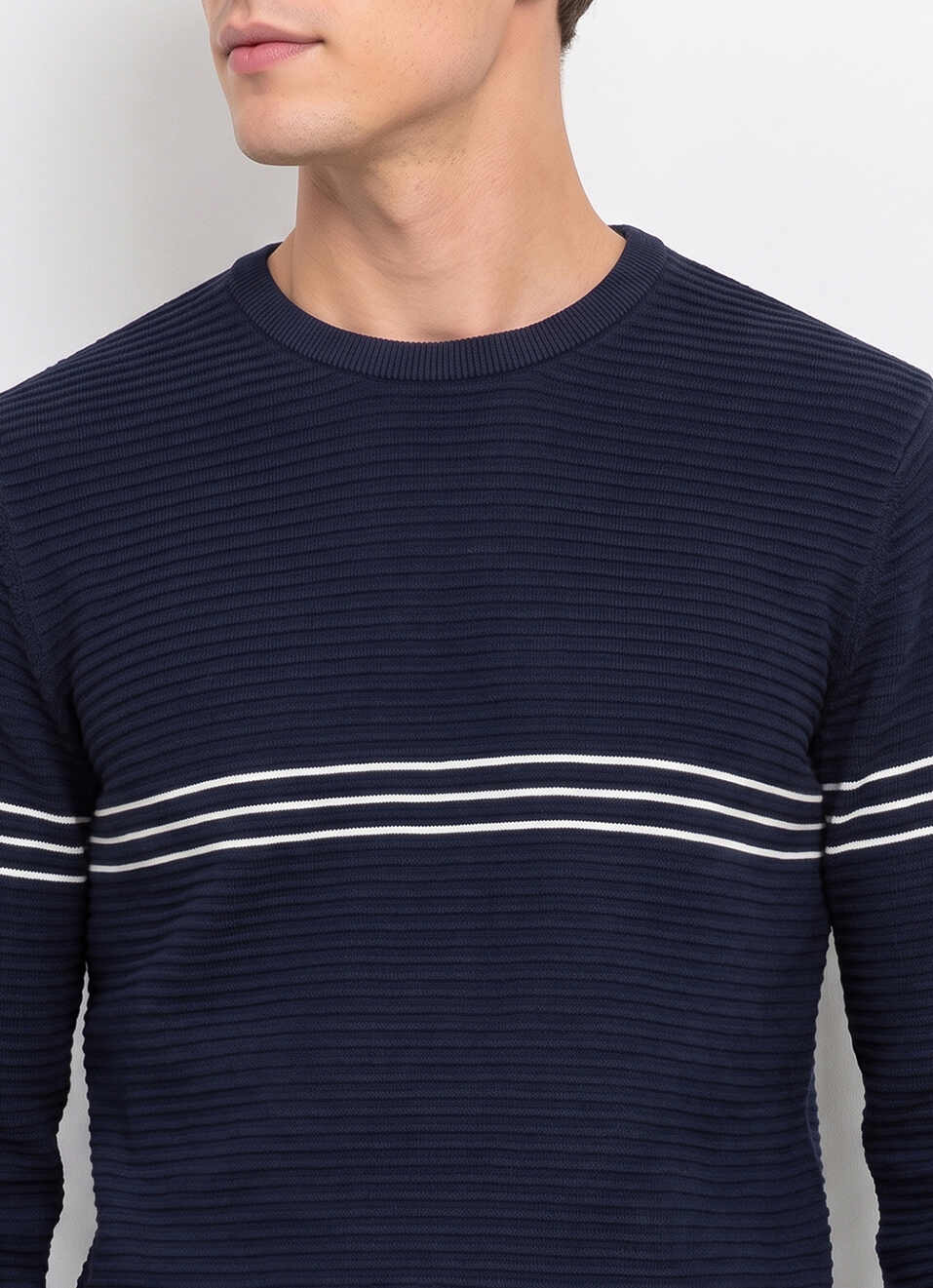 Men Blue Striped Full Sleeve Flat Knit Sweater, , large image number 4