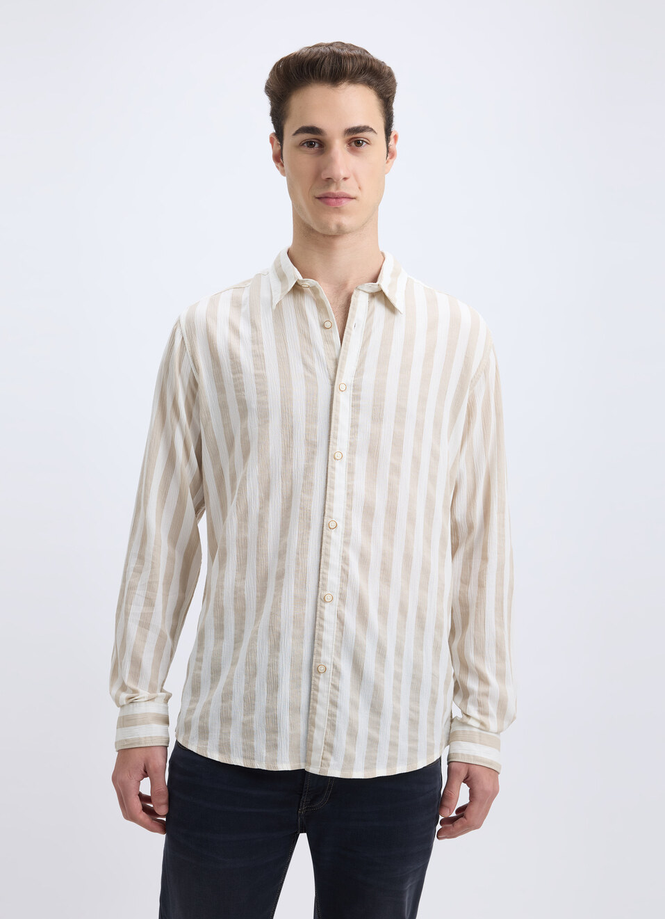 Men Beige Stripe Full Sleeve Shirt, , large image number 1