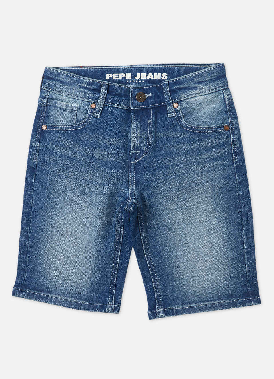 Boys Cashed Blue Mid Waist Slim Denim Shorts, , large image number 0