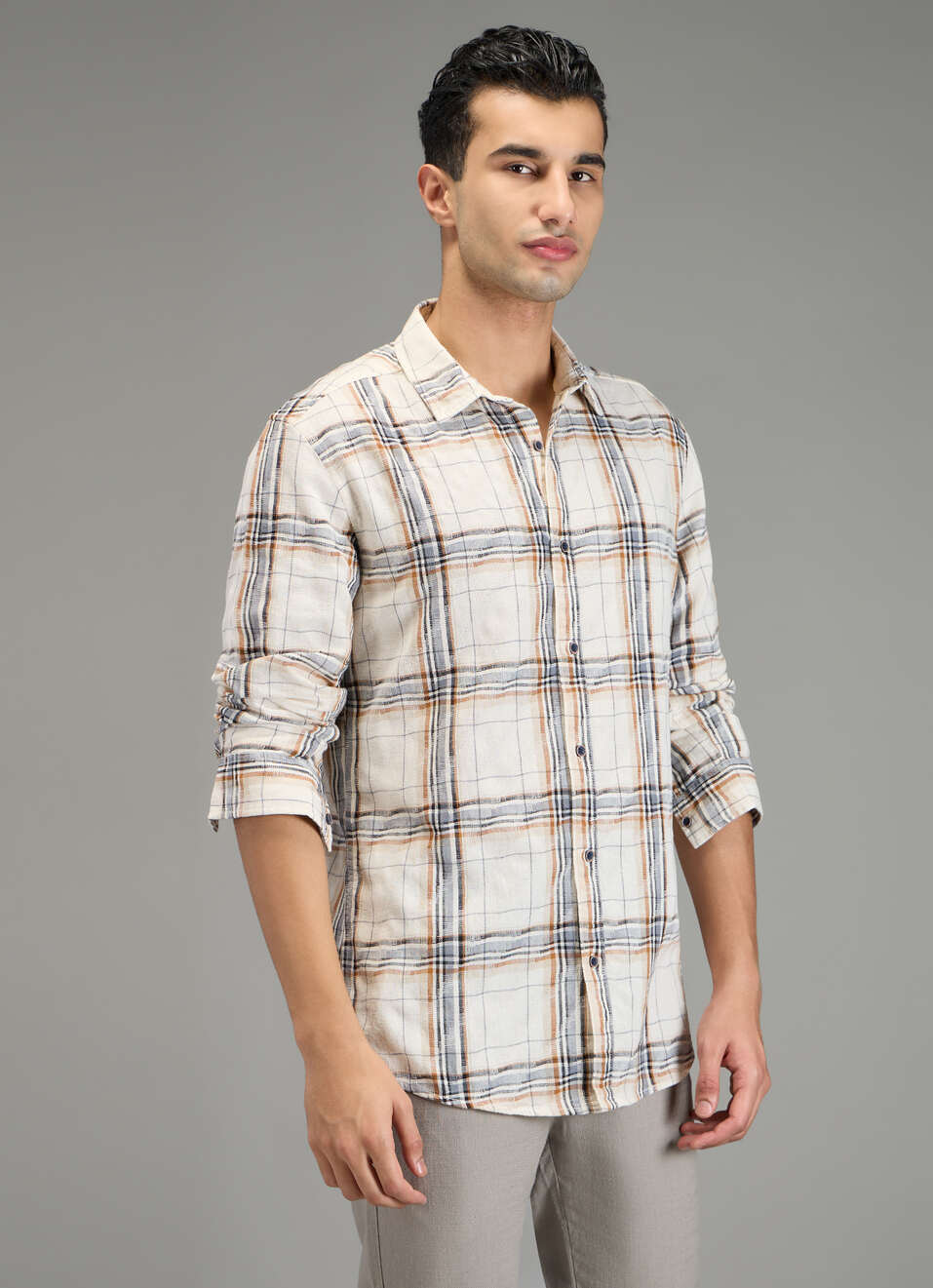 Men Off White Checked Shirt, , large image number 3