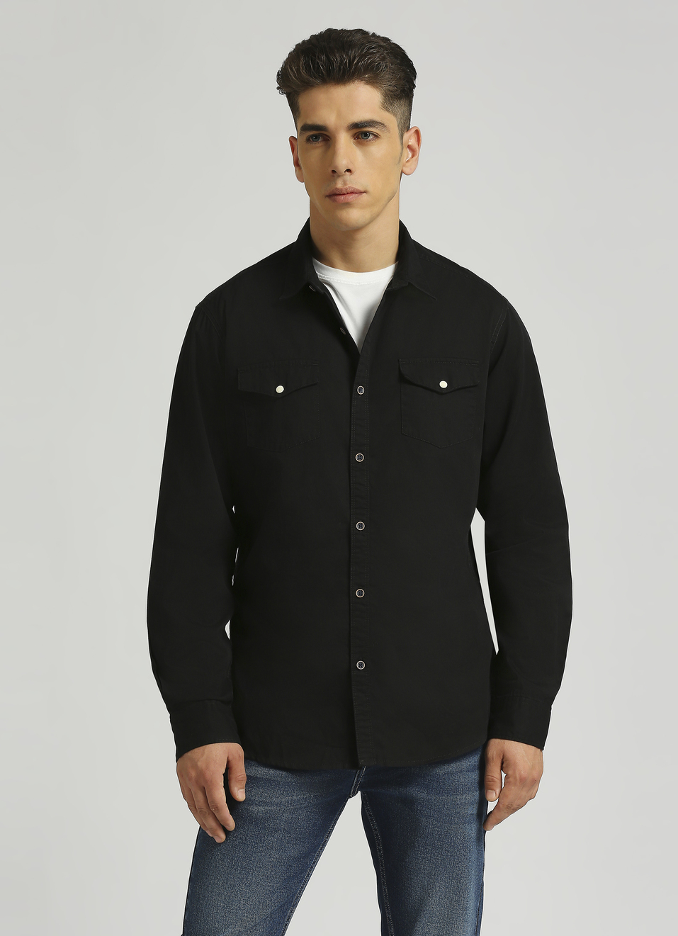 Black Solid Double Pocket Long Sleeve Shirt, , large image number 1