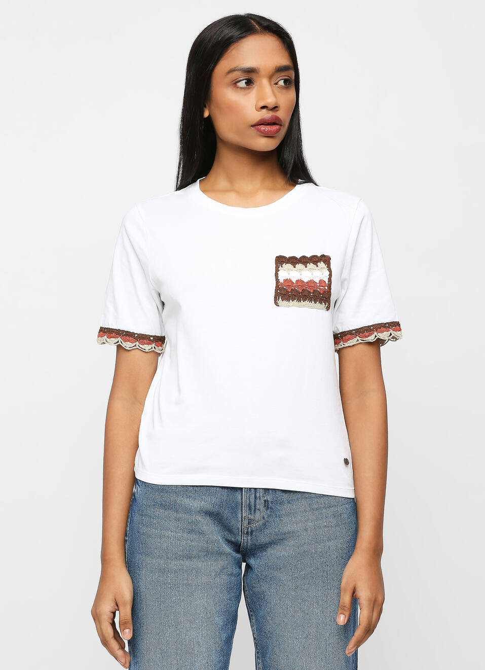 White Lace Detail Short Sleeve T-shirt, , large image number 1