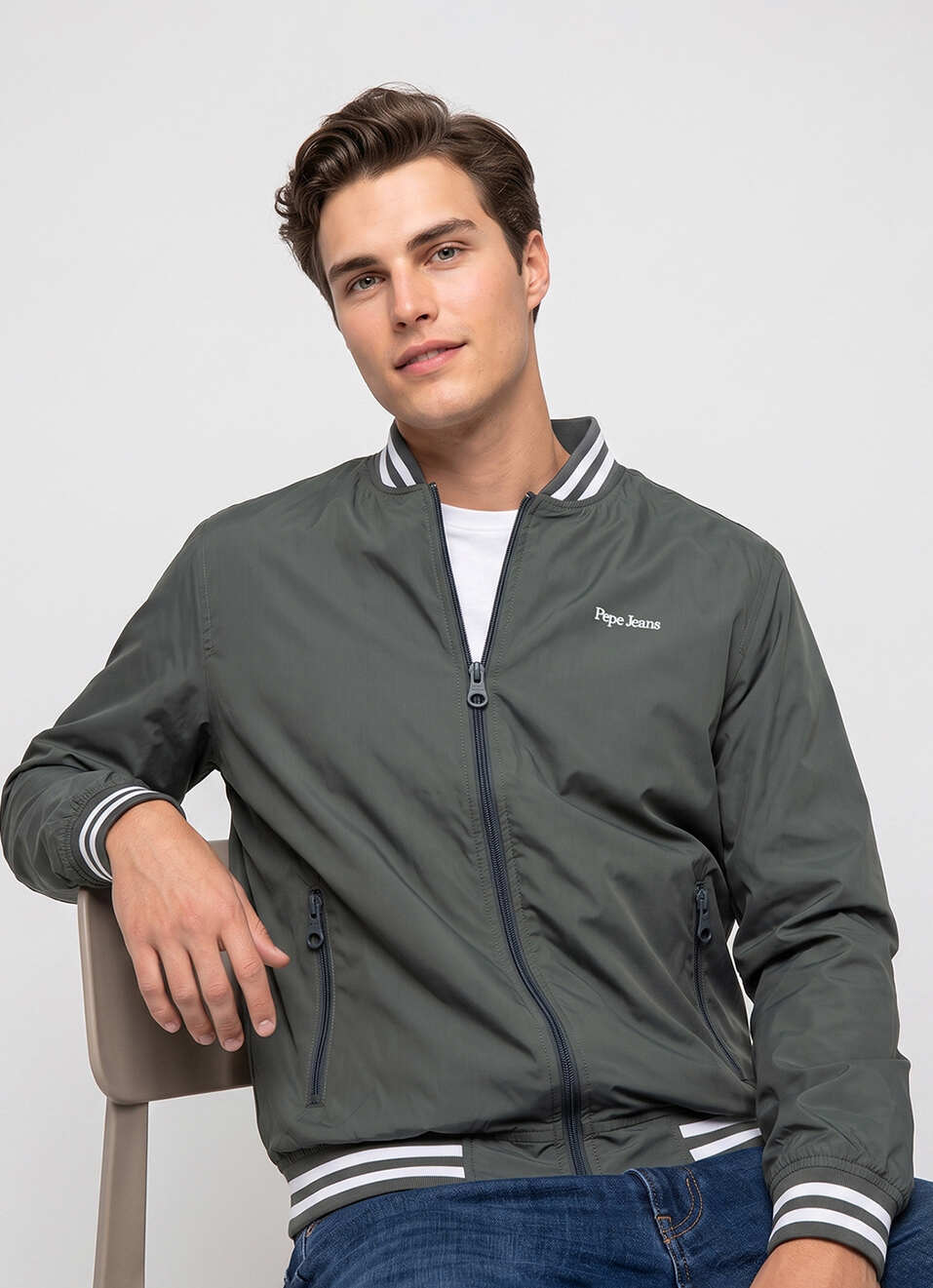 Men Green Solid Baseball Collar Long Sleeve Jacket, , large image number 0
