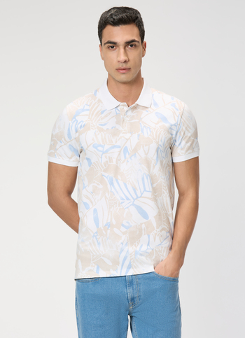 Men White Printed Polo Collar T-shirt