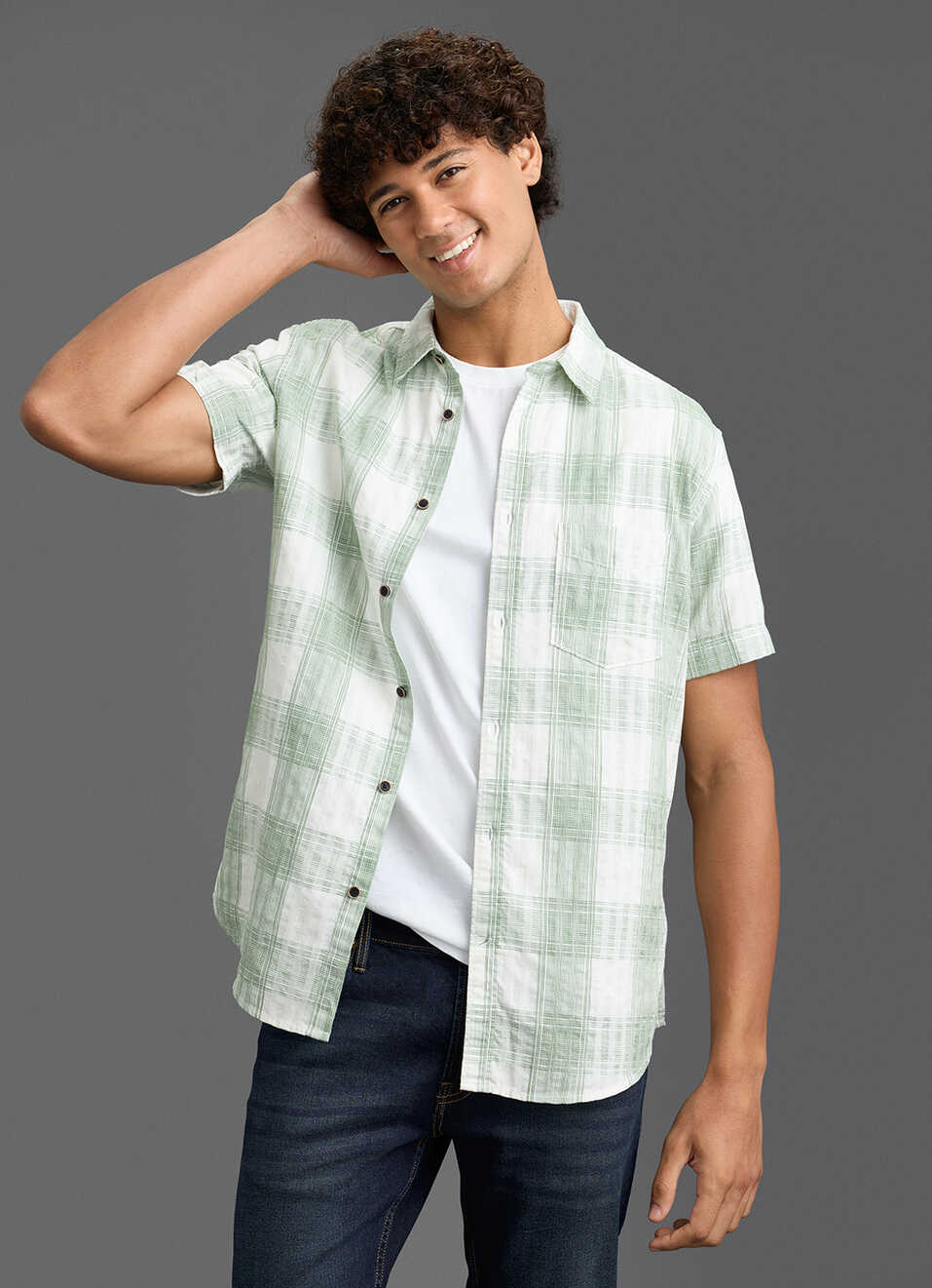 Men Olive Green Checked Regular Fit Short Sleeve Shirt, , large image number 0
