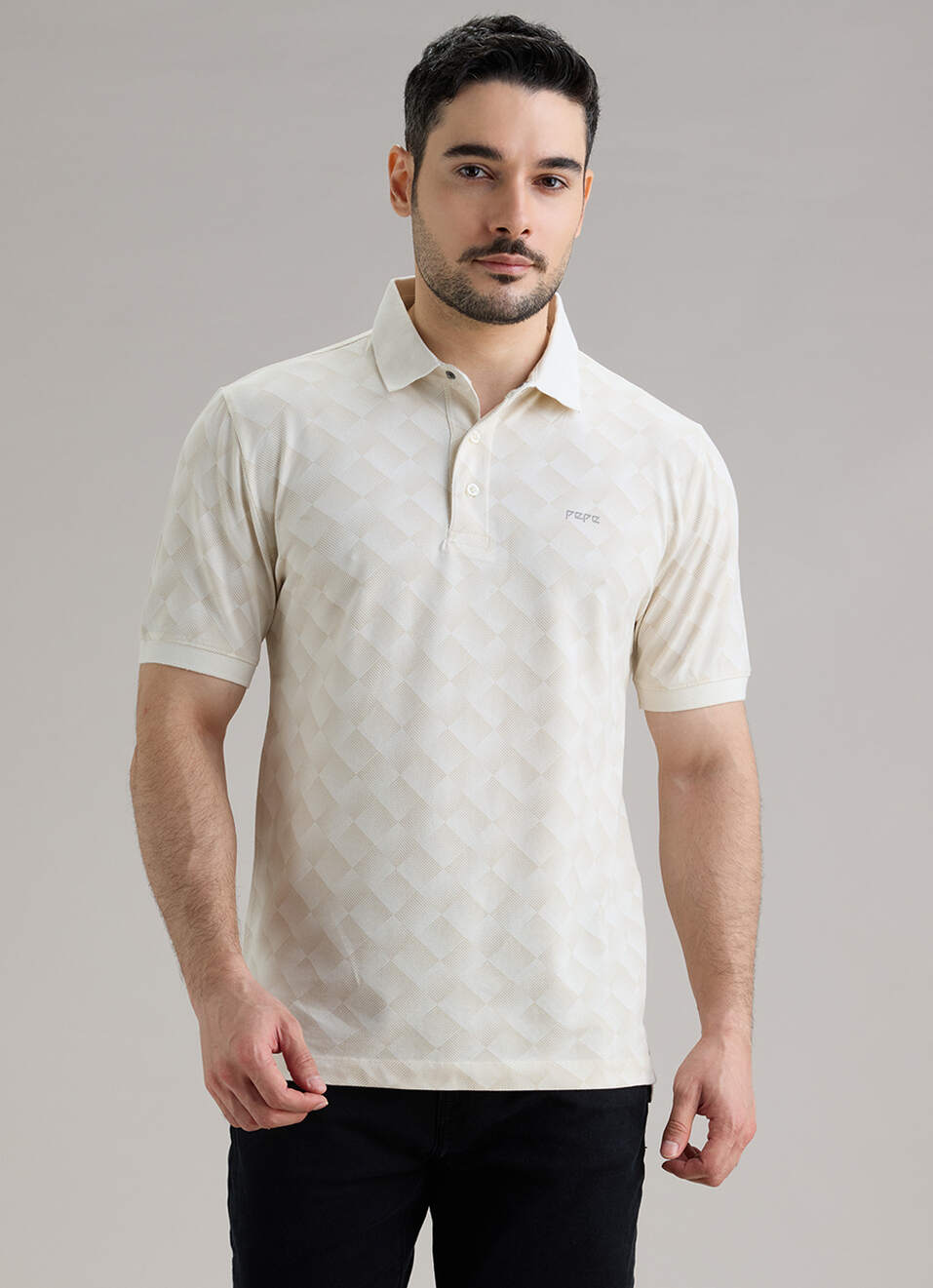 Men Ecru Printed Polo Collar T-shirt, , large image number 1