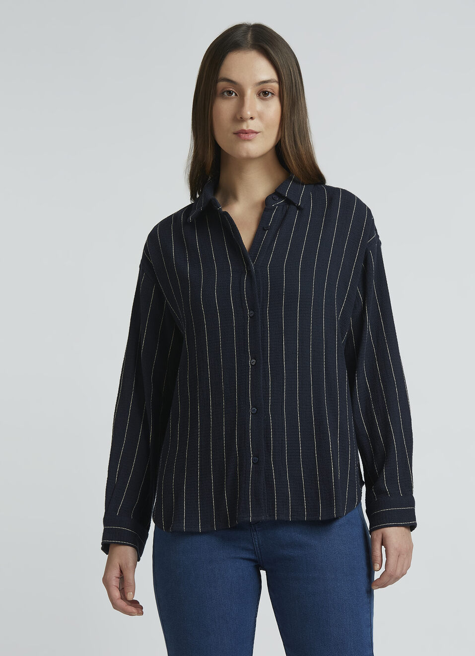 Navy Oversized Stripes Full Sleeve Shirt, , large image number 1