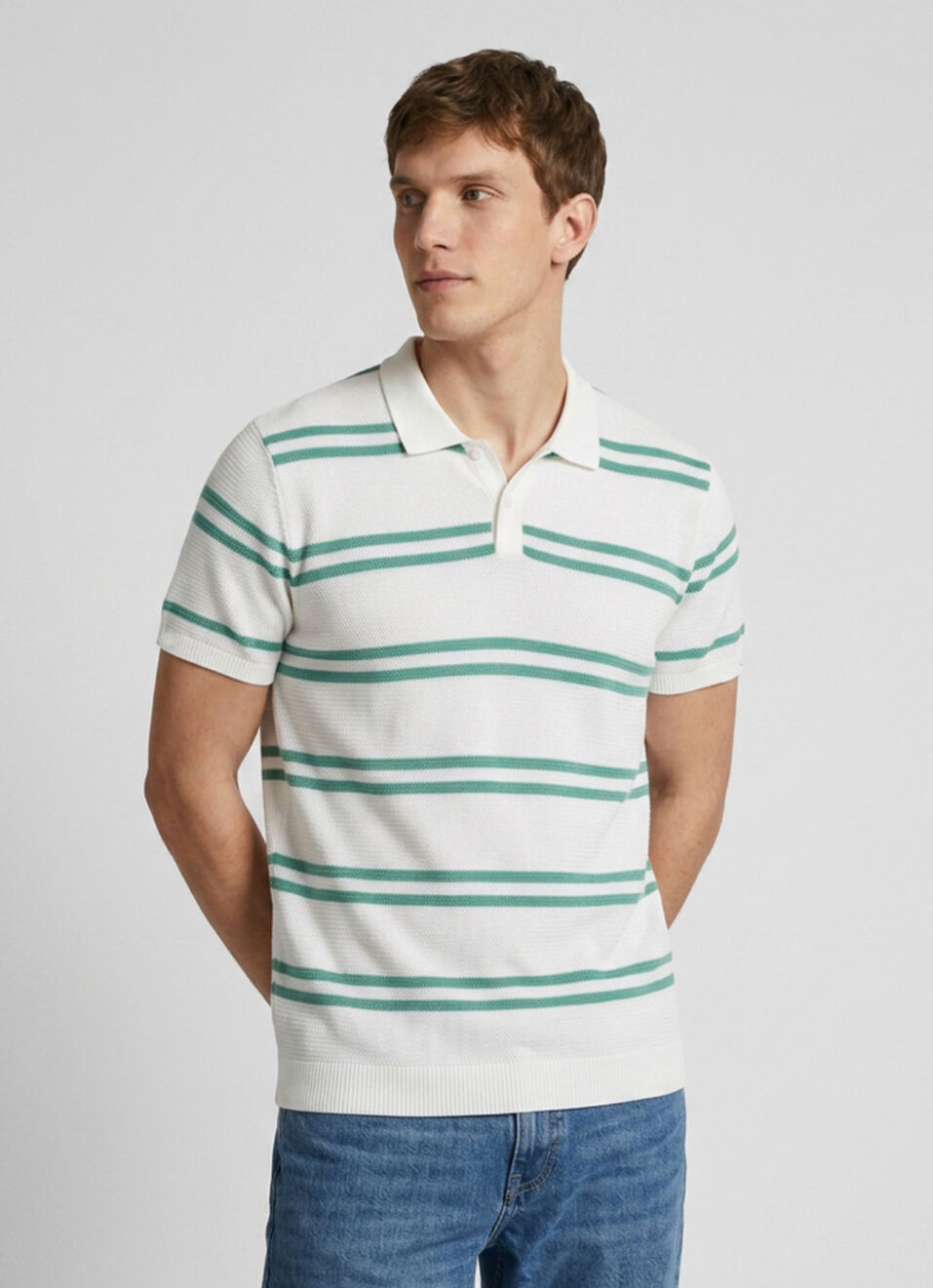 Men White Striped Flat Knit Polo Collar T-shirt, , large image number 3