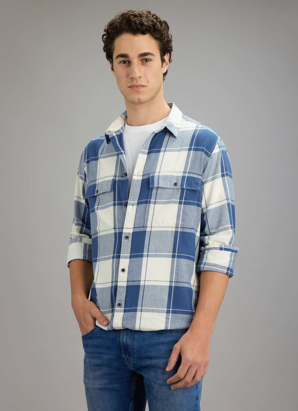 Men Blue Check Long Sleeve Shirt, , large image number 0