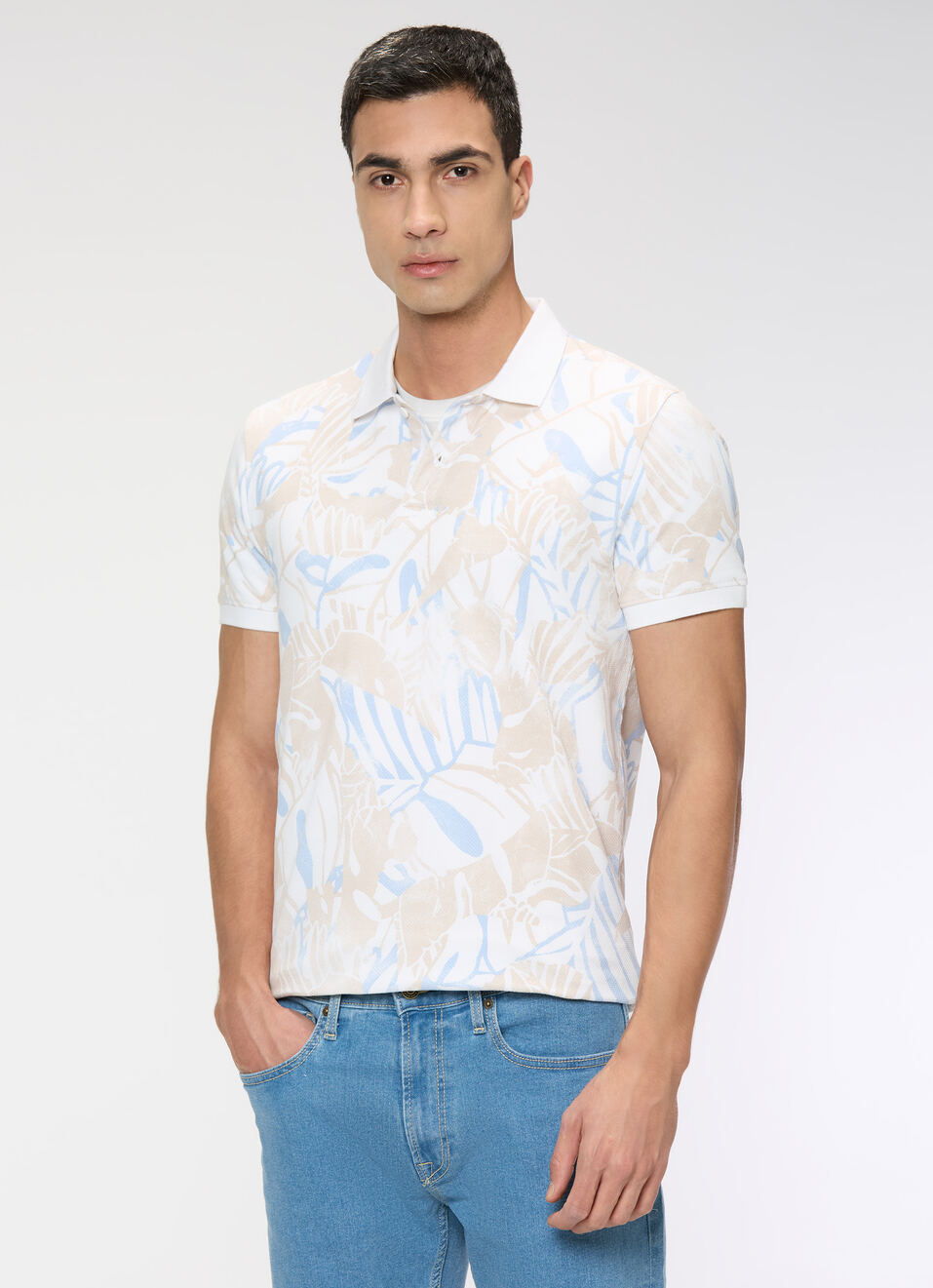 Men White Printed Polo Collar T-shirt, , large image number 1