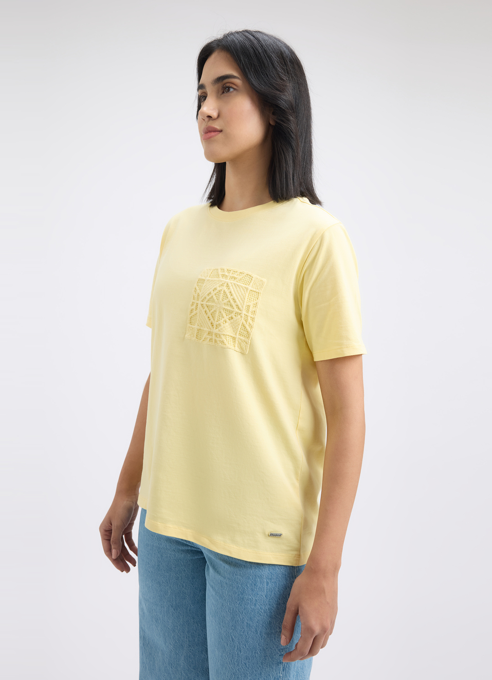 Women Yellow Crochet Short Sleeve T-shirt, , large image number 3